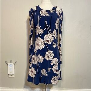 Blue A-line Long Sleeve Floral Cold Shoulder Dress